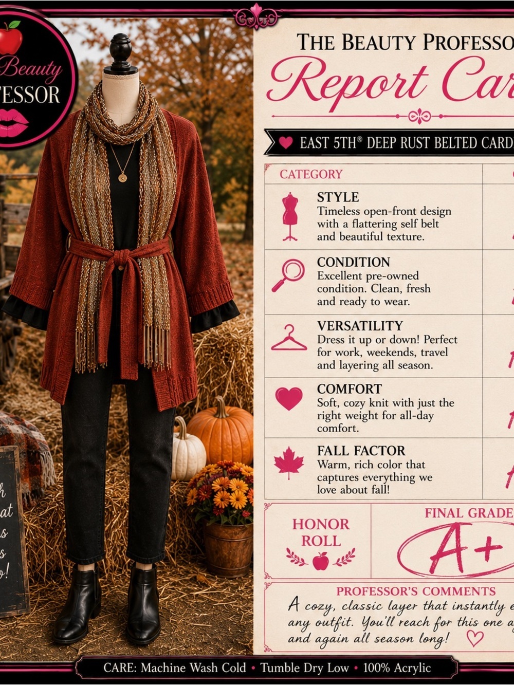 💕 East 5th Size L Deep Rust Belted Cardigan Shawl Collar Fall Textured Knit - Picture 4 of 10